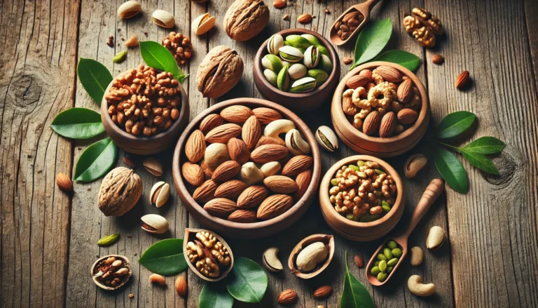 Flat lay of assorted raw vegan nuts including almonds, walnuts, cashews, and pistachios in wooden bowls on a rustic table, representing nutrient-dense plant-based options.