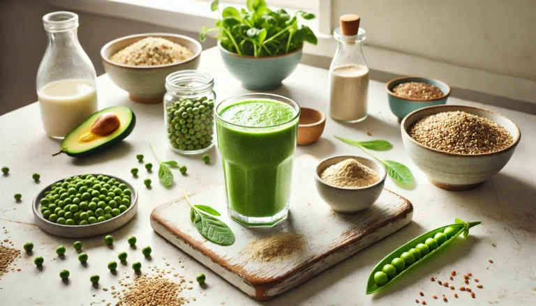 Glass of green plant-based protein smoothie on a bright kitchen counter surrounded by peas, hemp seeds, and quinoa, representing clean and natural nutrition.