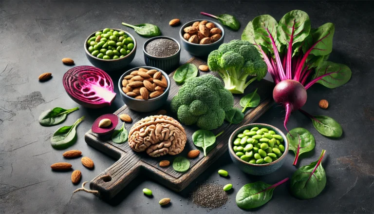 Still life on a dark slate background featuring nutrient-rich vegetables, seeds, and legumes including spinach, almonds, broccoli, beets, and chia seeds, arranged to reflect foods that support focus and cognition.
