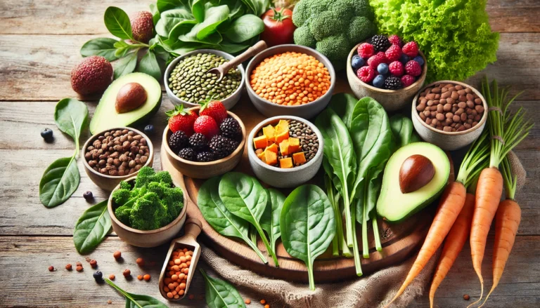 Colorful plant-based meal on a rustic wooden table with lentils, leafy greens, berries, sweet potatoes, and avocado, representing nutrient-dense whole foods for healthy eating.