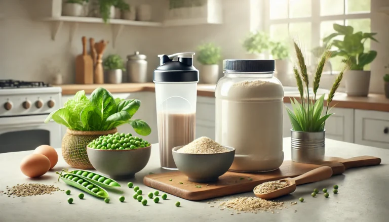 Modern kitchen countertop with vegan protein powder, shaker bottle, and fresh plant-based ingredients like peas, rice, and hemp seeds under natural lighting, symbolizing clean and wholesome nutrition.