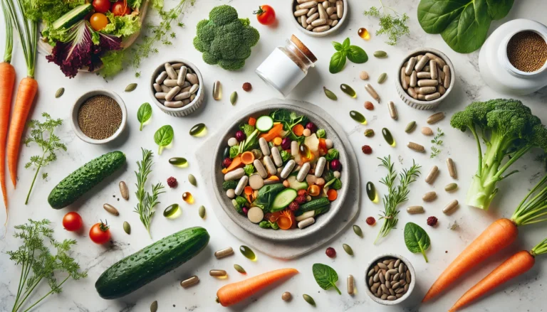 Flat-lay of vegan supplements in a ceramic dish surrounded by fresh vegetables, seeds, and herbs on a white marble background, visually representing natural plant-based health and wellness.