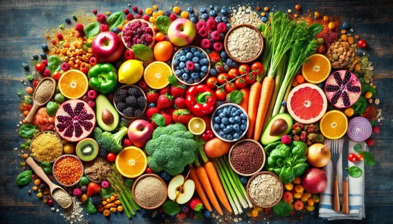 A vibrant display of fiber-rich foods, including fresh fruits, vegetables, whole grains, and legumes, arranged on a wooden table, symbolizing a gut-friendly diet.