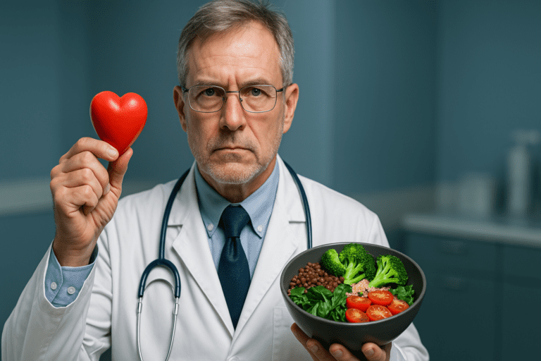 A middle-aged Caucasian male doctor stands in a modern clinical environment, lit by cool, sterile lighting, holding a bright red anatomical heart model in one hand and a bowl of fresh plant-based food in the other. The bowl contains heart-healthy ingredients like lentils, broccoli, spinach, cherry tomatoes, and quinoa, symbolizing the role of vegetarian nutrition in supporting cardiovascular health.