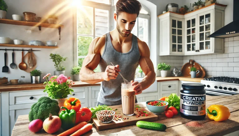 Fit young adult preparing a colorful plant-based meal in a sunlit kitchen with creatine powder on the counter, symbolizing energy and wellness on a vegetarian diet.