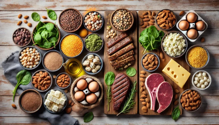 Side-by-side display of plant-based and animal-based protein foods arranged on a wooden table, highlighting dietary protein variety.