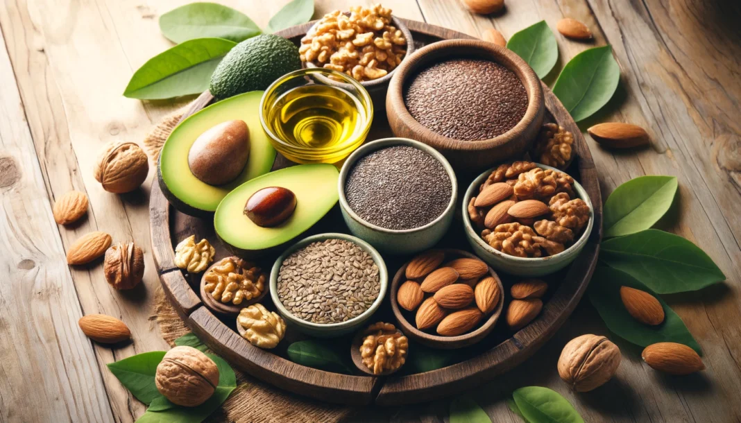 Assortment of healthy vegan fat sources including avocado, walnuts, chia seeds, flaxseeds, almonds, hemp seeds, and olive oil on a rustic wooden table with natural lighting.