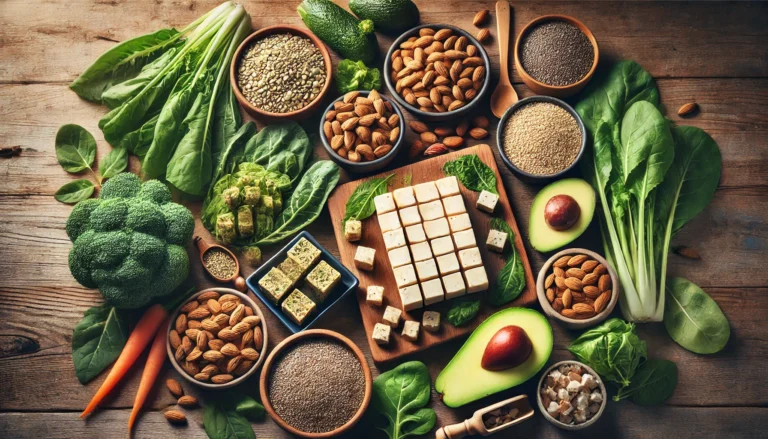 Flat-lay of assorted low carb vegetarian protein sources including tofu, tempeh, hemp seeds, chia seeds, almonds, and avocado arranged on a wooden surface with natural lighting.