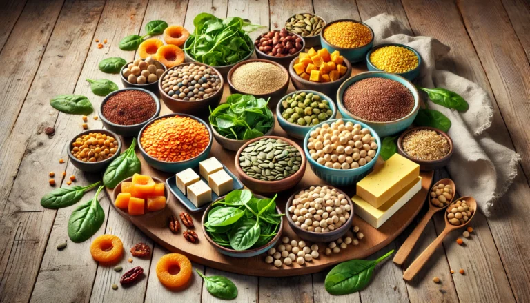 A colorful spread of iron-rich vegetarian foods including lentils, spinach, tofu, quinoa, and dried fruits arranged on a rustic wooden table with natural lighting.