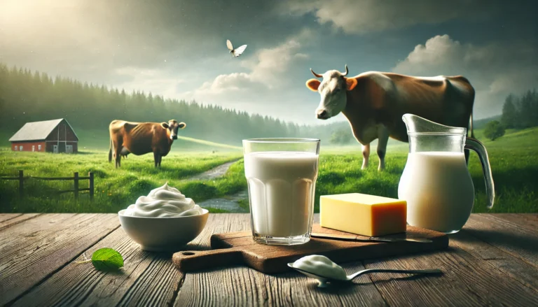 Photorealistic still life of dairy products—milk, butter, and yogurt—on a rustic table with cows grazing in a lush pasture in the background, symbolizing traditional dairy farming and ethical dietary considerations.