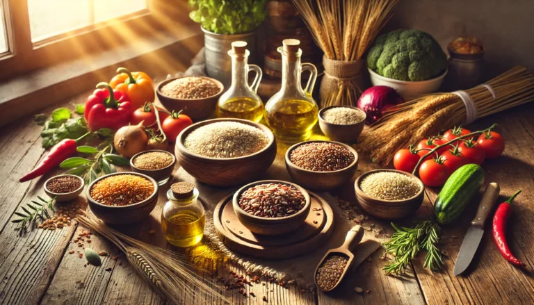 Sunlit Mediterranean kitchen table with ceramic bowls of whole grains like farro and barley, surrounded by fresh vegetables, herbs, and olive oil on a rustic wooden surface.