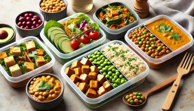 Close-up of neatly arranged vegan meal prep containers filled with high-protein non-dairy foods like tofu stir-fry, quinoa salad, chickpea curry, and lentil stew on a kitchen counter.