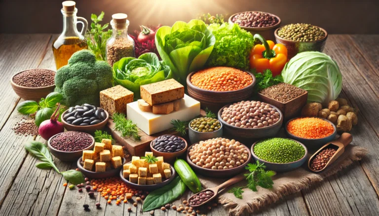 A rustic wooden table filled with colorful plant-based protein foods including tofu, lentils, chickpeas, black beans, tempeh, quinoa, and leafy greens, captured in natural lighting for a healthy, whole-food atmosphere.