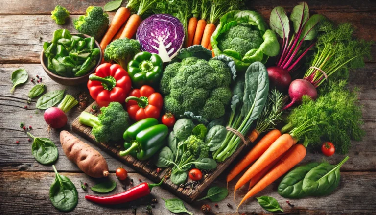 A colorful arrangement of kale, spinach, carrots, red bell peppers, broccoli, and sweet potatoes on a rustic wooden table, visually representing the most nutritious vegetables to eat daily.