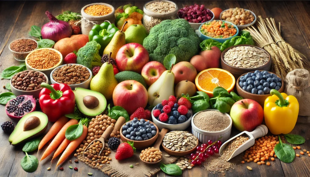 A vibrant assortment of high-fiber foods including fresh fruits, fiber-rich vegetables, whole grains, and legumes, displayed on a rustic wooden table.