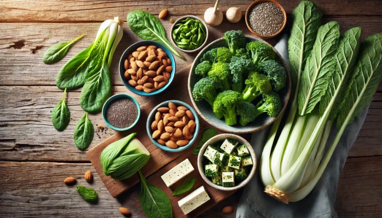 Flat lay of plant-based calcium-rich foods including kale, bok choy, almonds, tofu, chia seeds, and sesame seeds on a rustic wooden background, highlighting a wholesome vegan diet for bone health.