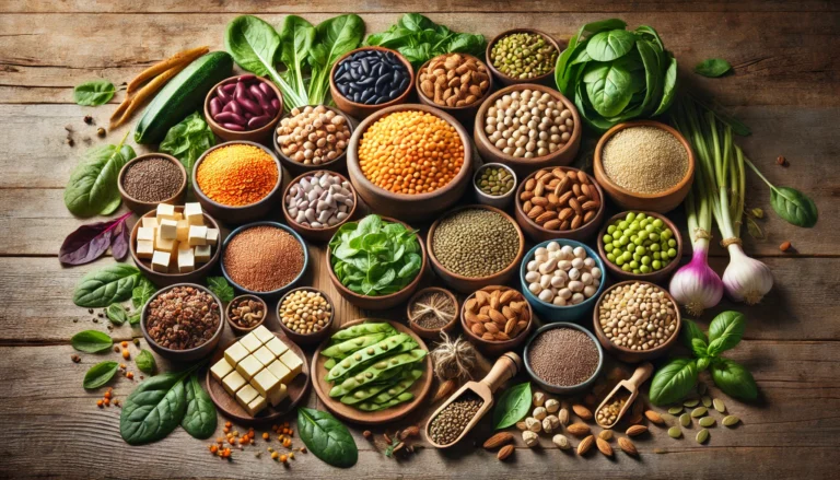 Rustic wooden table filled with high-protein vegan foods like lentils, chickpeas, tofu, quinoa, seeds, and leafy greens arranged in a colorful, natural setting.