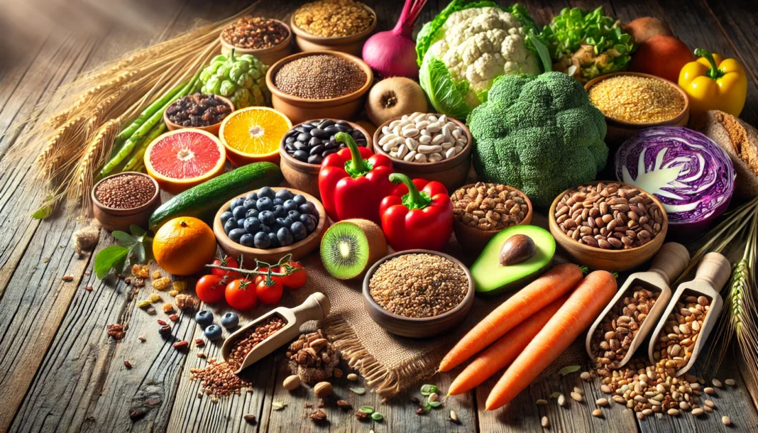 A vibrant assortment of fiber-rich foods, including whole grains, legumes, fresh fruits, and vegetables, displayed on a rustic wooden table under natural lighting, emphasizing their role in blood sugar control and overall health.
