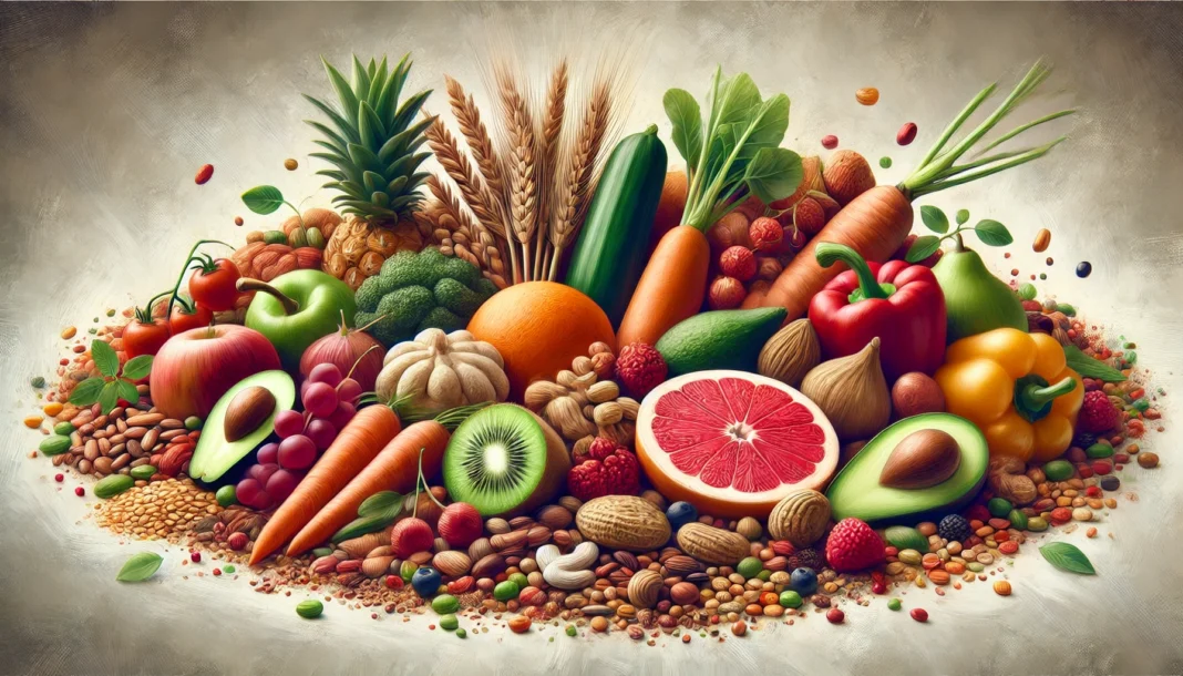 A vibrant close-up digital painting of fiber-rich foods, including fruits, vegetables, whole grains, and legumes, emphasizing their textures, freshness, and nutritional value.