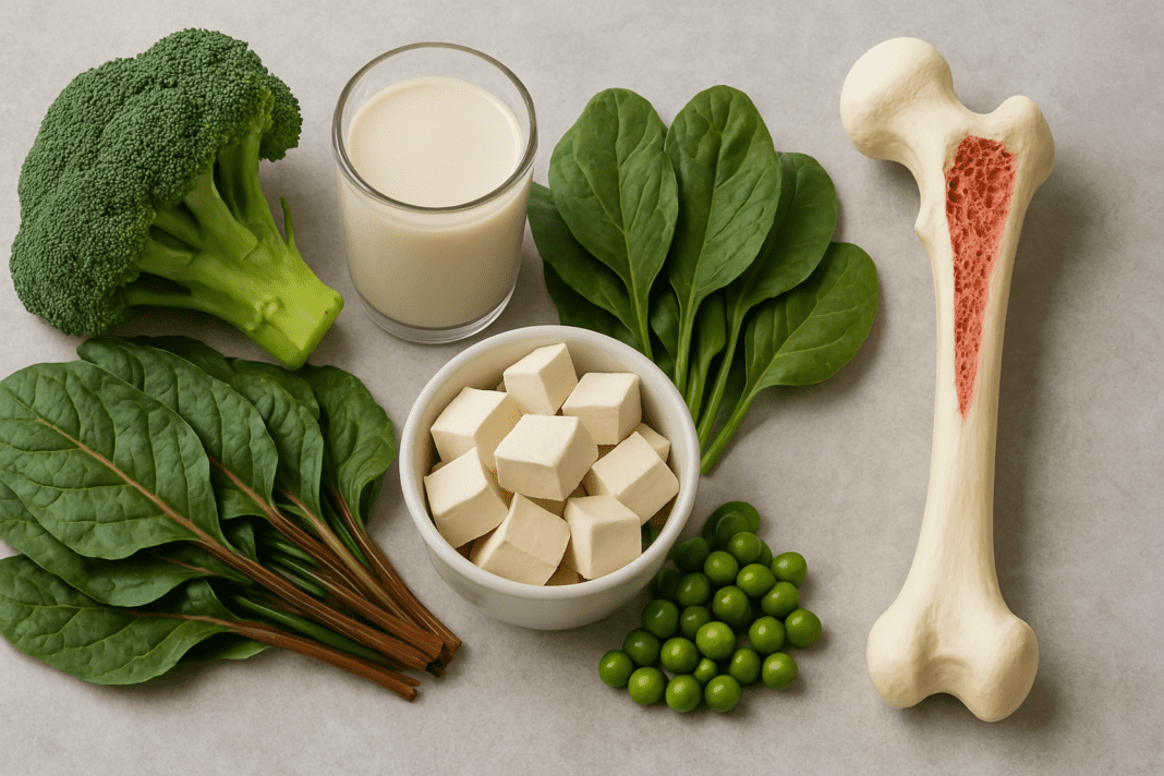 Plant-based bone-supportive foods including broccoli, spinach, Swiss chard, green peas, tofu, and a glass of plant milk, arranged beside an osteoporotic femur bone model on a gray surface to highlight the impact of a vegan diet on bone density and osteoporosis risk.