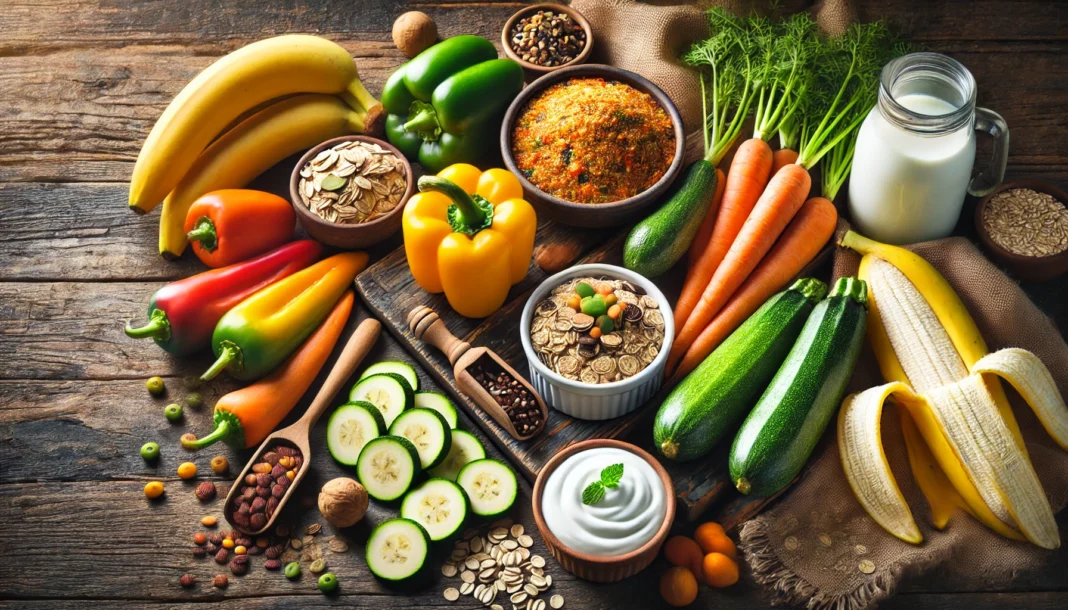 A colorful assortment of high-fiber, low-gas foods, including bananas, carrots, zucchini, bell peppers, cooked quinoa, oats, and yogurt, displayed on a rustic wooden table with natural lighting.