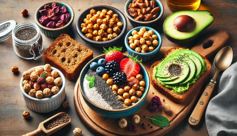 A colorful spread of high-fiber snacks arranged on a rustic wooden table, featuring chia seed pudding with berries, roasted chickpeas, avocado toast on whole-grain bread, and a bowl of mixed nuts and dried fruit, promoting gut health and digestion.
