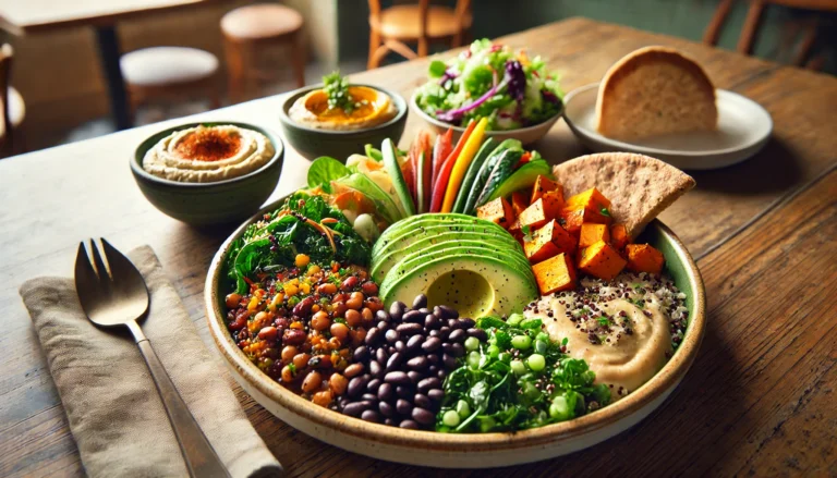 A vibrant restaurant meal showcasing a fiber-rich dish with quinoa, black beans, roasted sweet potatoes, avocado, leafy greens, hummus, and whole wheat pita in a well-lit dining setting.