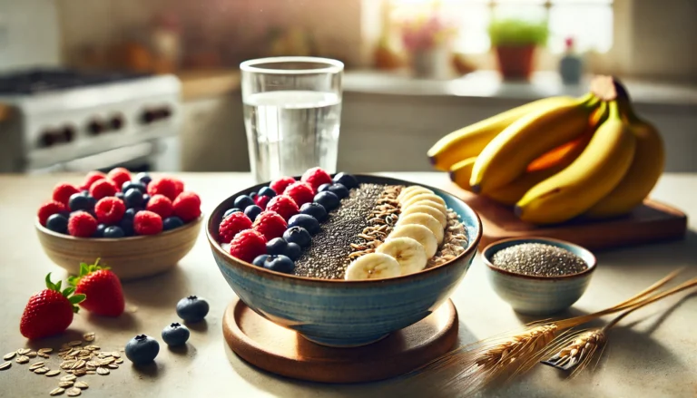 A vibrant breakfast bowl featuring fiber-rich foods such as oats, chia seeds, fresh berries, and banana slices, paired with a glass of water in a bright kitchen setting.