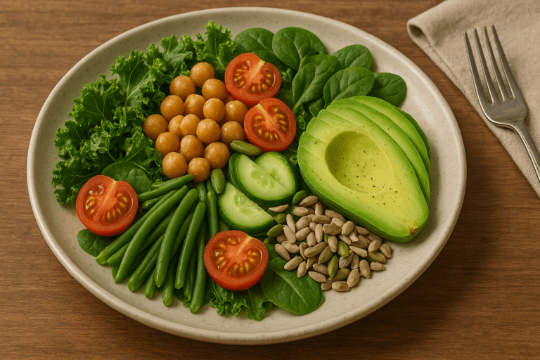 A colorful vegan meal bowl featuring roasted sweet potato slices, cooked quinoa, sliced avocado, steamed kale, and a generous portion of chickpeas, arranged neatly on a ceramic plate over a wooden table, visually highlighting whole plant-based foods known for promoting satiety.