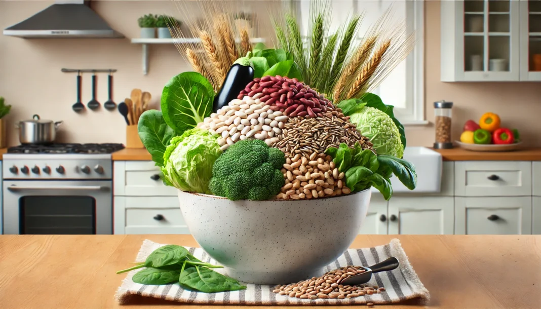 An overfilled bowl of fiber-rich foods, including beans, whole grains, and leafy greens, visually representing excessive fiber intake. The overflowing bowl emphasizes overconsumption against a soft kitchen background.