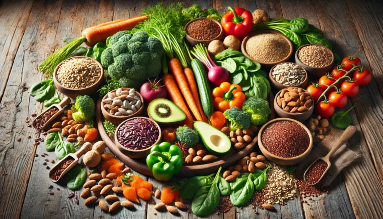 A colorful assortment of high-fiber foods, including fresh vegetables, whole grains, nuts, and seeds, arranged on a rustic wooden table with natural lighting highlighting their textures.