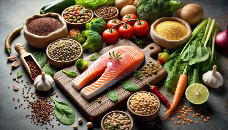 Fresh salmon fillet on a wooden cutting board, surrounded by high-fiber foods such as quinoa, lentils, chickpeas, leafy greens, and colorful vegetables, highlighting the contrast between fish and fiber-rich foods.