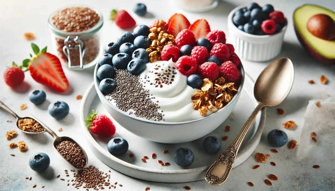 A beautifully arranged bowl of Greek yogurt topped with fiber-rich ingredients like fresh berries, chia seeds, flaxseeds, and granola, set in a bright kitchen with natural lighting.