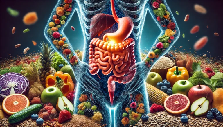 A realistic depiction of a human digestive system overlaid with various fiber-rich foods, including fruits, vegetables, whole grains, and legumes. The intestines are highlighted, symbolizing gut health and efficient digestion.