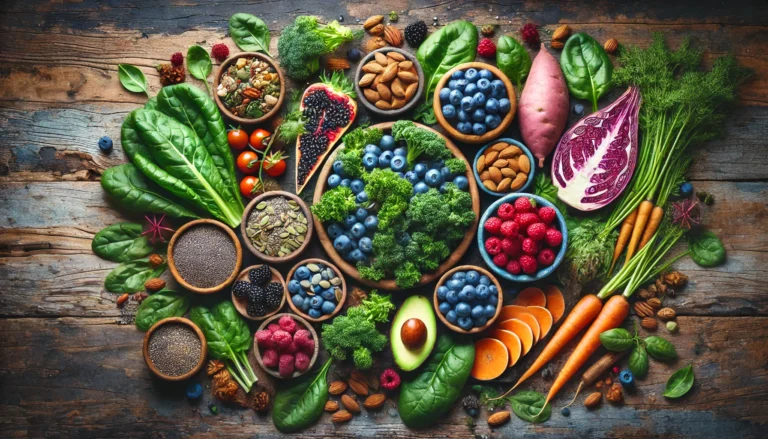 A vibrant flat lay of high-fiber Paleo foods, including leafy greens, berries, nuts, seeds, and root vegetables, displayed on a rustic wooden table with natural lighting.