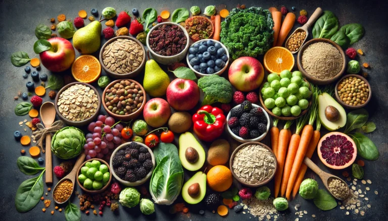 A beautifully arranged spread of fiber-rich, plant-based foods such as apples, pears, kale, carrots, Brussels sprouts, oats, and lentils on a dark slate background.