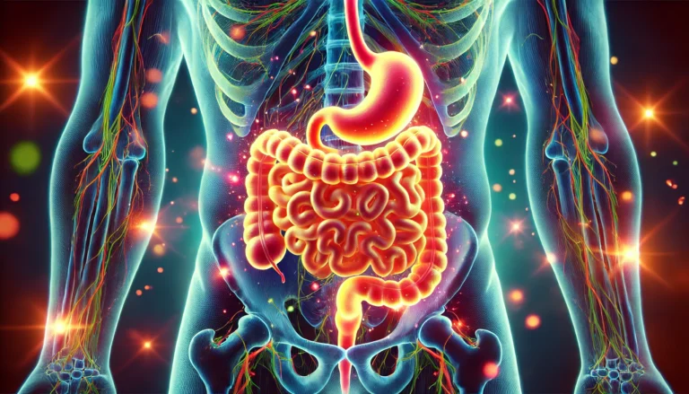 A vibrant depiction of a healthy gut microbiome, featuring a glowing ecosystem of beneficial bacteria interacting with prebiotic fibers inside the digestive tract, symbolizing gut balance and wellness.