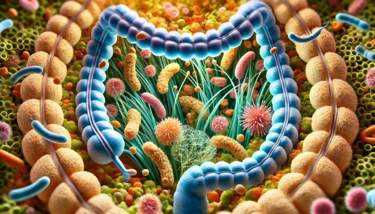 A microscopic close-up of the gut microbiome, displaying diverse and thriving gut bacteria interacting with fiber particles, highlighting the intricate relationship between fiber and digestive health.