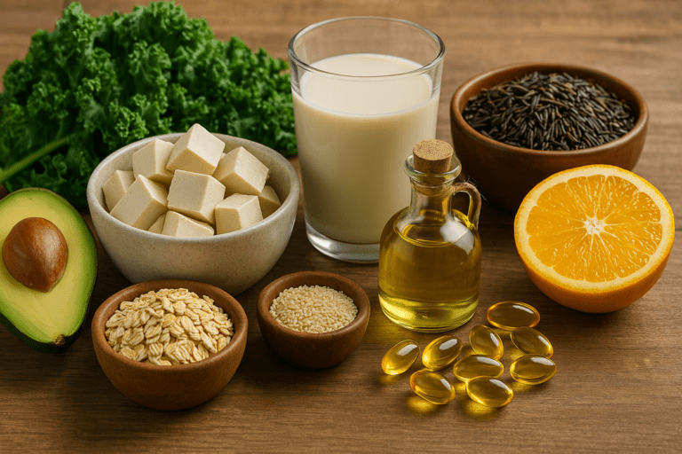 A high-resolution image of vegan vitamin D-rich foods arranged on a wooden surface, including fresh kale, sliced and whole mushrooms, tofu in a bowl, a halved avocado, wild rice, sesame seeds, a glass of plant-based milk, a halved orange, a small glass bottle of oil, and yellow softgel vitamin D capsules, all lit with soft natural light.