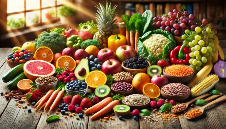 A vibrant assortment of high-fiber foods displayed on a rustic wooden table, featuring fresh fruits such as apples, berries, and oranges, vegetables like carrots and leafy greens, legumes including beans and lentils, and whole grains such as quinoa and oats. The colorful arrangement highlights the variety and nutritional richness of fiber-rich foods.