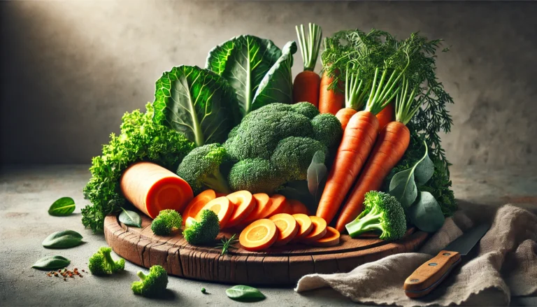 A vibrant display of fresh carrots, broccoli, and leafy greens on a rustic wooden surface, showcasing their rich fiber content with detailed textures and natural lighting.