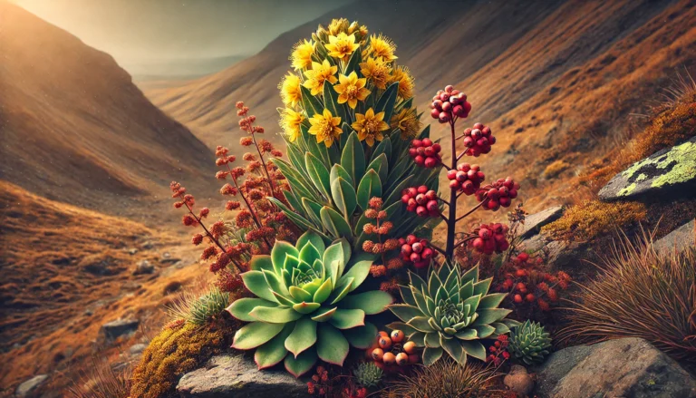 A detailed side-by-side comparison of Rhodiola rosea and Ashwagandha plants in their natural habitats. Rhodiola, with its bright yellow flowers, thrives in a rugged mountainous setting, while Ashwagandha, with small red berries and green leaves, grows in a warm, arid landscape. The contrasting environments emphasize their unique botanical characteristics.