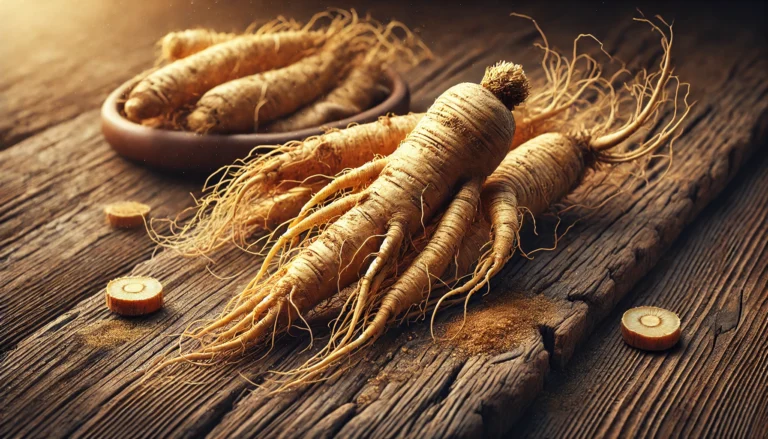 Fresh North American ginseng roots with intricate textures displayed on a rustic wooden surface, illuminated by warm, earthy light, highlighting their medicinal properties.
