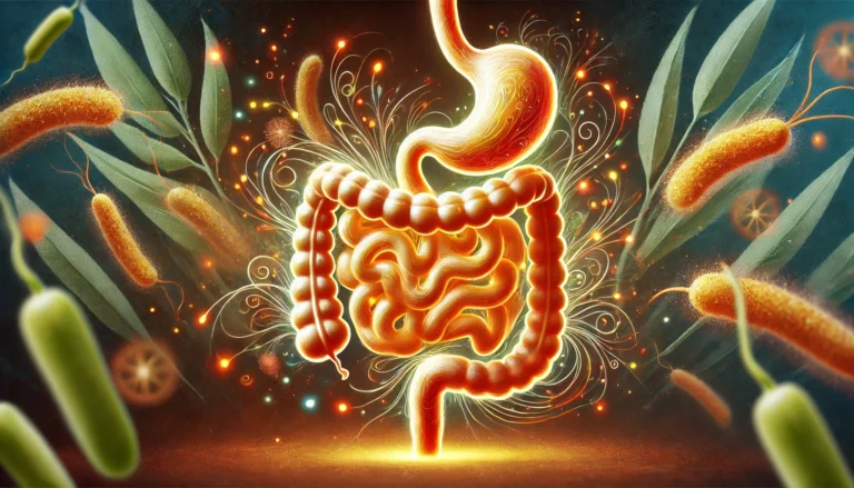 A conceptual image illustrating gut microbiome balance, with a glowing digestive tract and swirling beneficial bacteria in warm, inviting colors, reflecting digestive harmony and wellness.