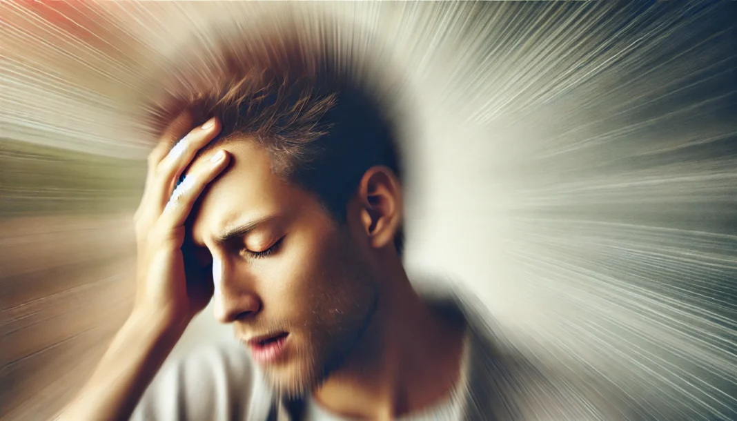 A close-up of a person experiencing dizziness, holding their head with a disoriented expression. The blurred background creates a motion effect, symbolizing imbalance and lightheadedness.