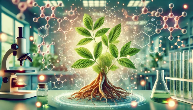 Ashwagandha roots and leaves surrounded by glowing molecular structures, symbolizing bioactive compounds in a scientific research setting.