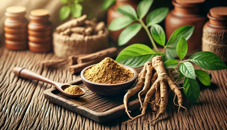 A close-up of ashwagandha roots and powder on a rustic wooden surface, accompanied by fresh green leaves, symbolizing the natural supplement’s role in holistic health.