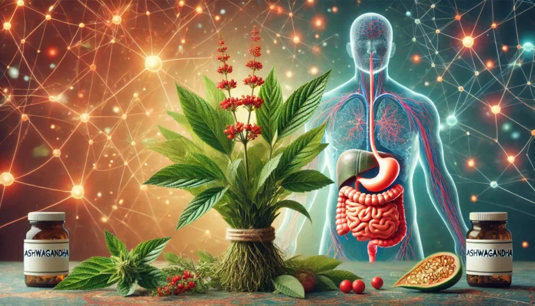 A lush ashwagandha plant with vibrant green leaves and red berries set against a glowing neural network, symbolizing its potential benefits for neurological health and the gut microbiome.