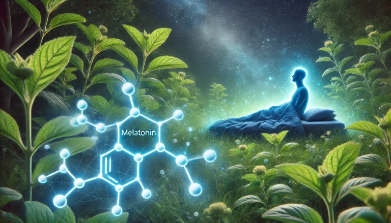 A peaceful nighttime landscape featuring a person sleeping soundly, surrounded by a soft glowing aura symbolizing deep rest. The foreground subtly integrates melatonin molecules into the starry atmosphere, representing sleep regulation. The scene transitions into a lush, green herbal garden with ashwagandha plants growing vibrantly, highlighting their stress-relieving and wellness benefits.