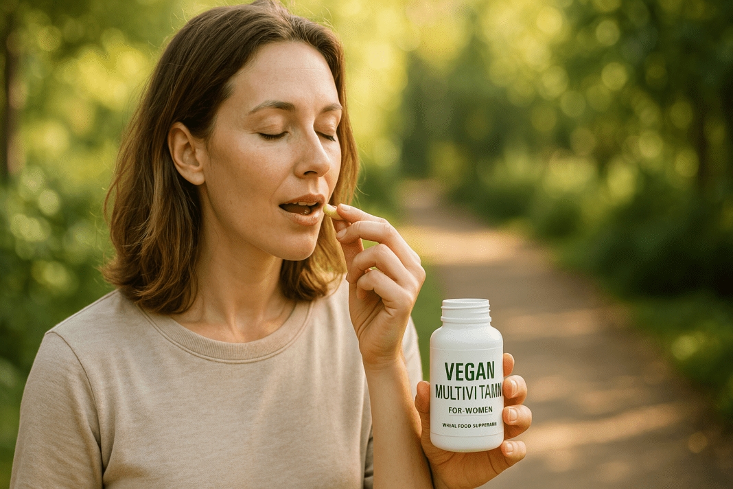A high-resolution photograph captures a Caucasian woman in her 30s standing on a nature trail surrounded by greenery, gently taking a yellow vegan multivitamin capsule near her lips. The soft natural morning light highlights the clean white bottle labeled “Vegan Multivitamin for Women,” emphasizing the theme of wholesome, science-backed nutrition for women in a serene outdoor setting.